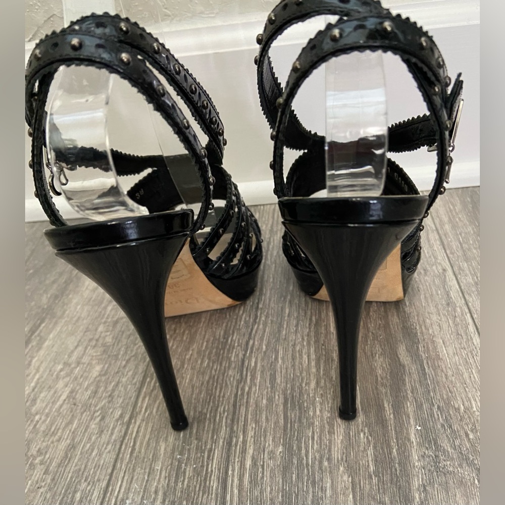C. Dior Bonnie Black Leather Studded Open Toe Platform High Heels Size 38/ 7 - Picture 6 of 14